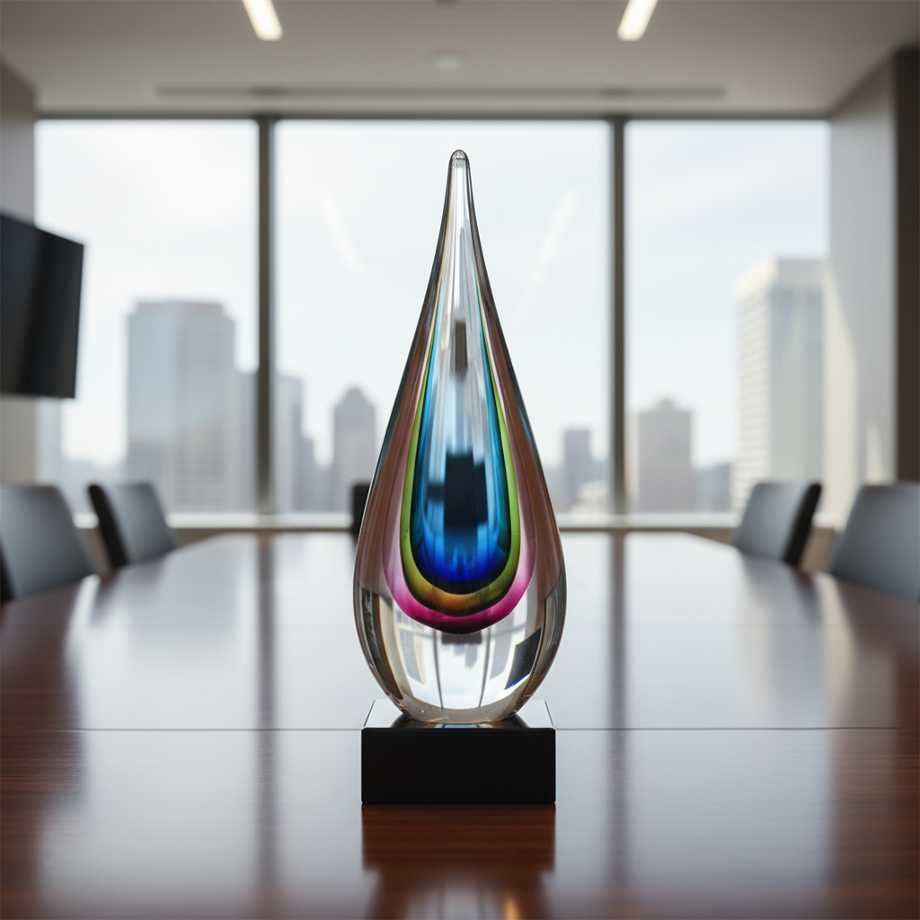 Colorful glass sculpture on a conference table with cityscape view