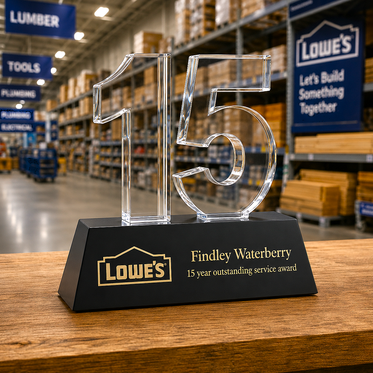 Clear crystal number '15' award on a black base with Lowe's branding in a warehouse setting.