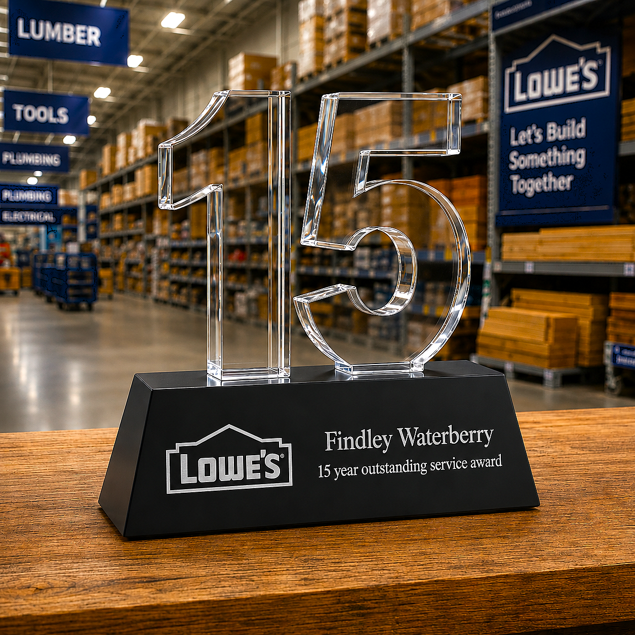 Clear glass number '15' award on a black base with Lowe's branding in a warehouse setting.