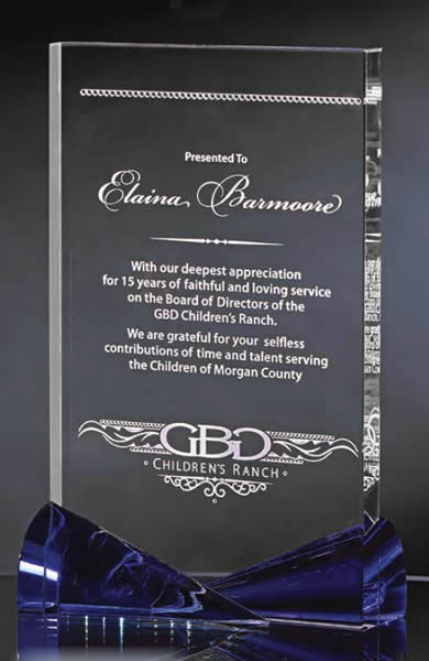 AMBASSADOR BLUE AWARD | Rectangle Crystal award with blue crystal base accent by specialty engraving | Free engraving and Free art proofs