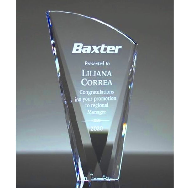 Clear crystal sail award with prism effect and sand etch personalized text on a dark background