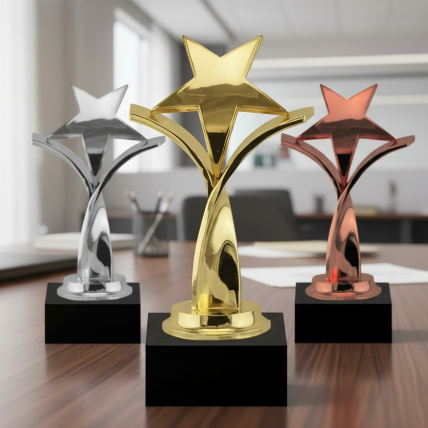Three star-shaped trophies in gold, silver, and bronze on a desk in an office setting.