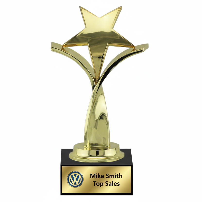 Gold star-shaped trophy with a black base, text and logo engraved.