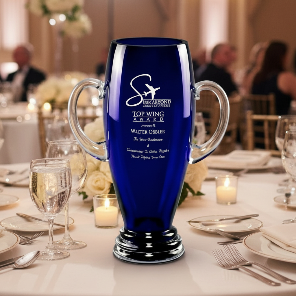 CRYSTAL BLUE VASE WITH HANDLES