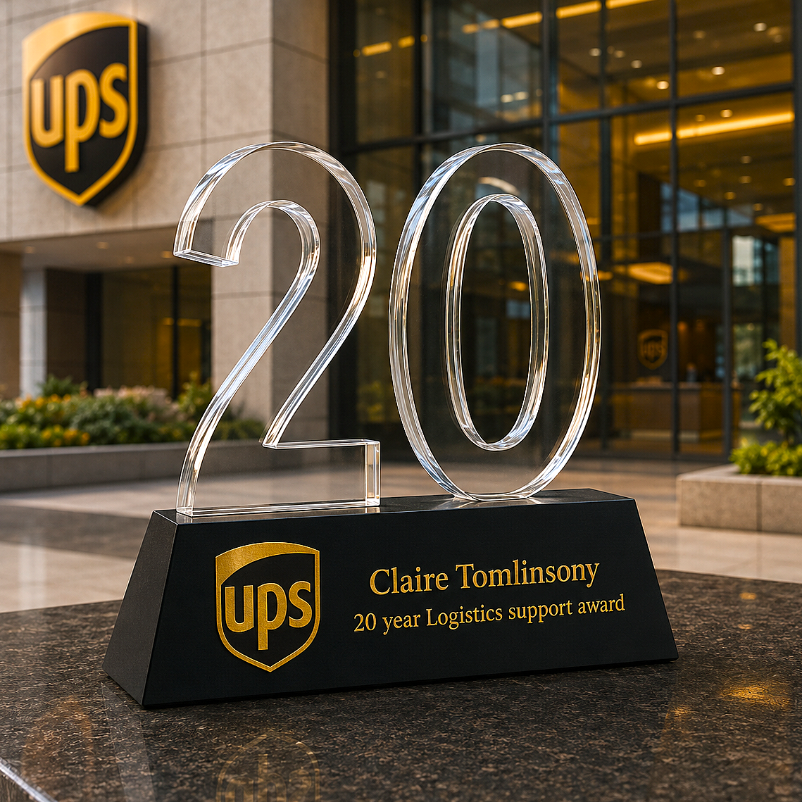 Clear glass award with '20' and UPS logo in front of a building with UPS logo.
