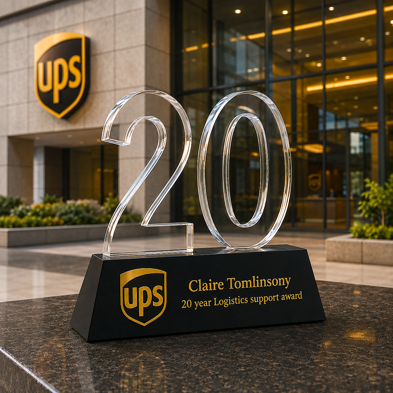 Clear glass award with '20' and UPS logo in front of a building with UPS logo.