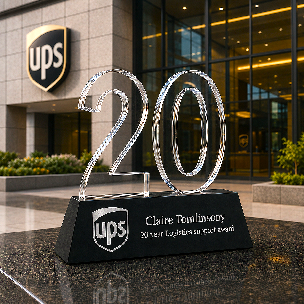Clear glass number '20' award with UPS logo in front of a building.