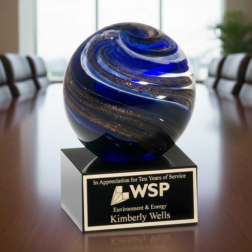 Decorative blue glass sphere award on a black base with WSP branding in a conference room.