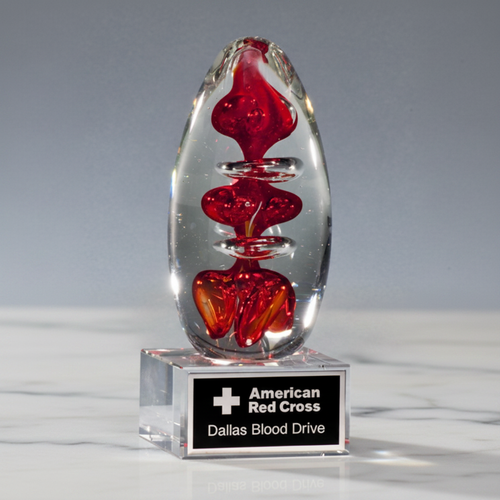 Crystal sculpture with red interior on a gray background, featuring American Red Cross Dallas Blood Drive label.