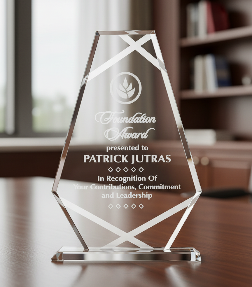 Glass award with engraved text on a wooden surface
