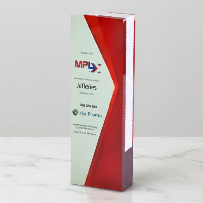 Tall, rectangular award with red and white design on a light gray background