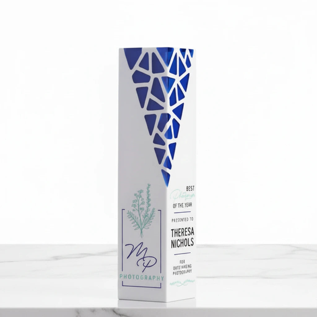 Custom Branding Transaction Trophy, white with blue accents.