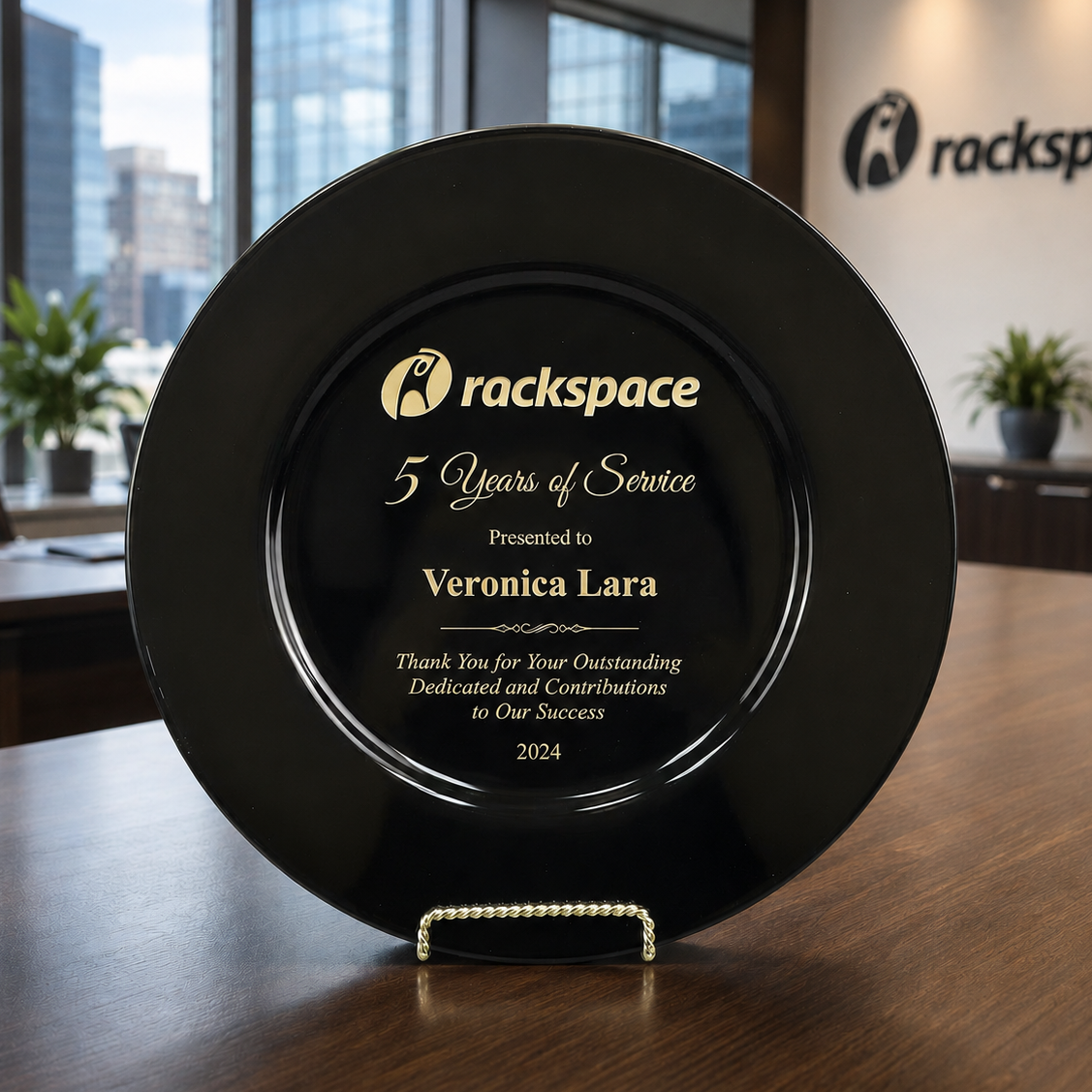 Black plaque with corporate logo branding on a desk in an office setting