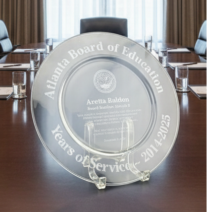 Glass award plaque on a conference table with engraved  text and logo