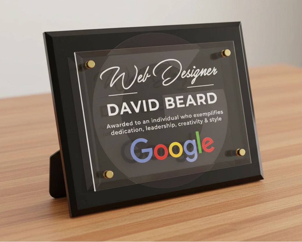 A framed award glass front and logo.