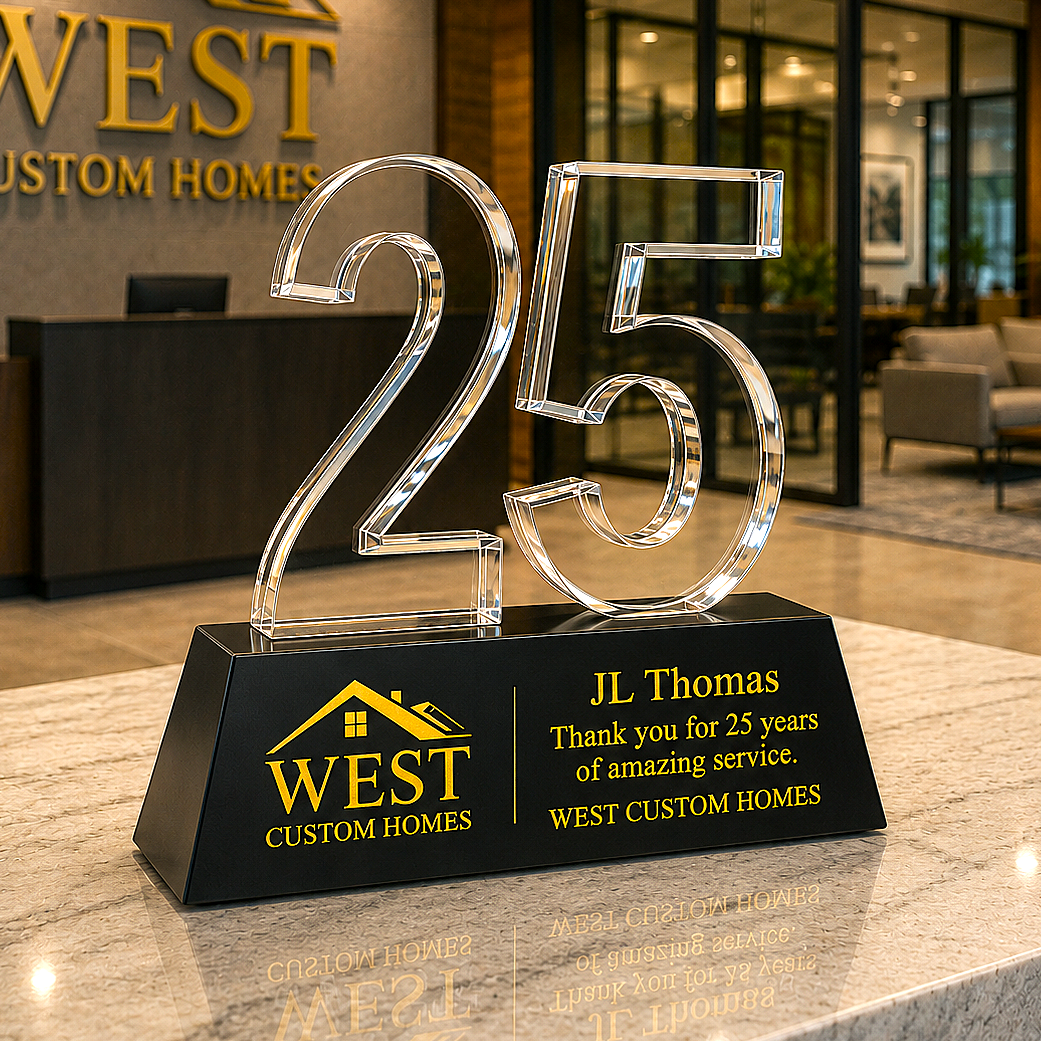 Crystal number '25' award with West Custom Homes branding in a lobby setting.