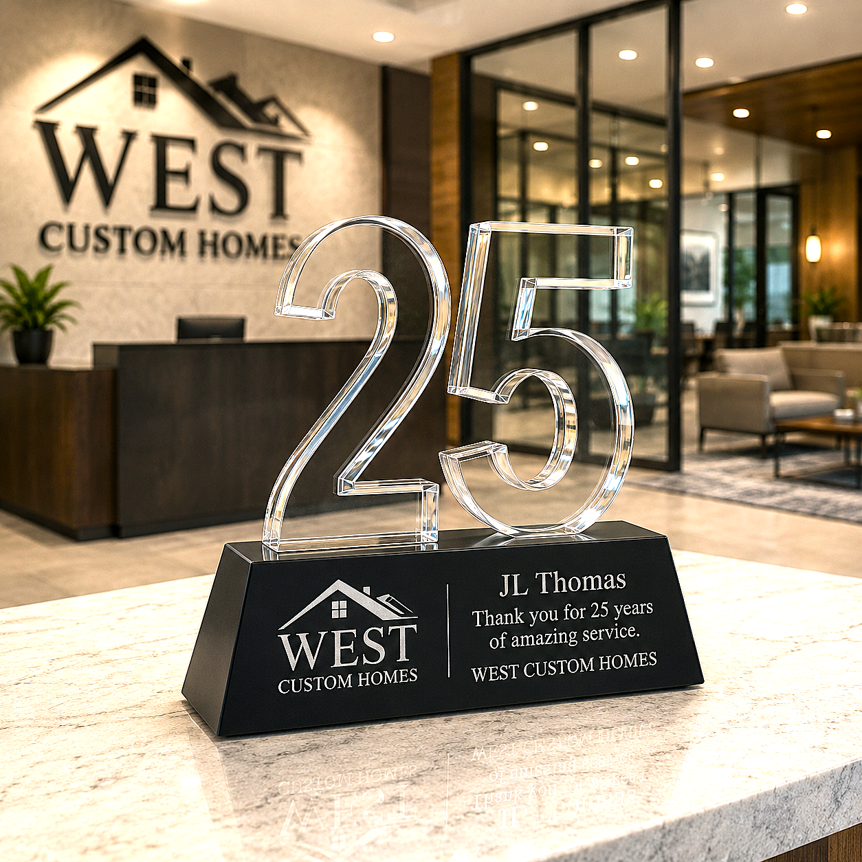 Crystal number '25' award on a black base with West Custom Homes branding in an office setting.