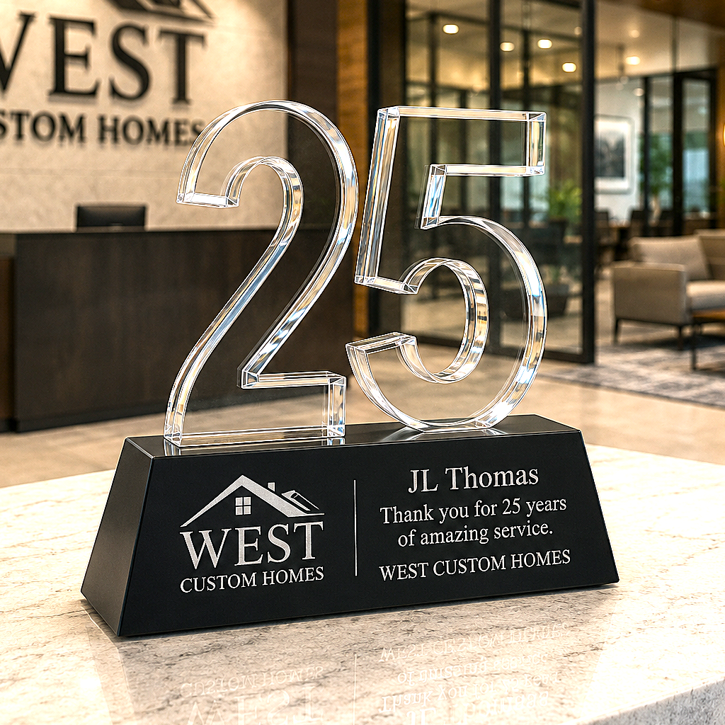 Crystal number '25' award on a black base with West Custom Homes branding in an office setting.