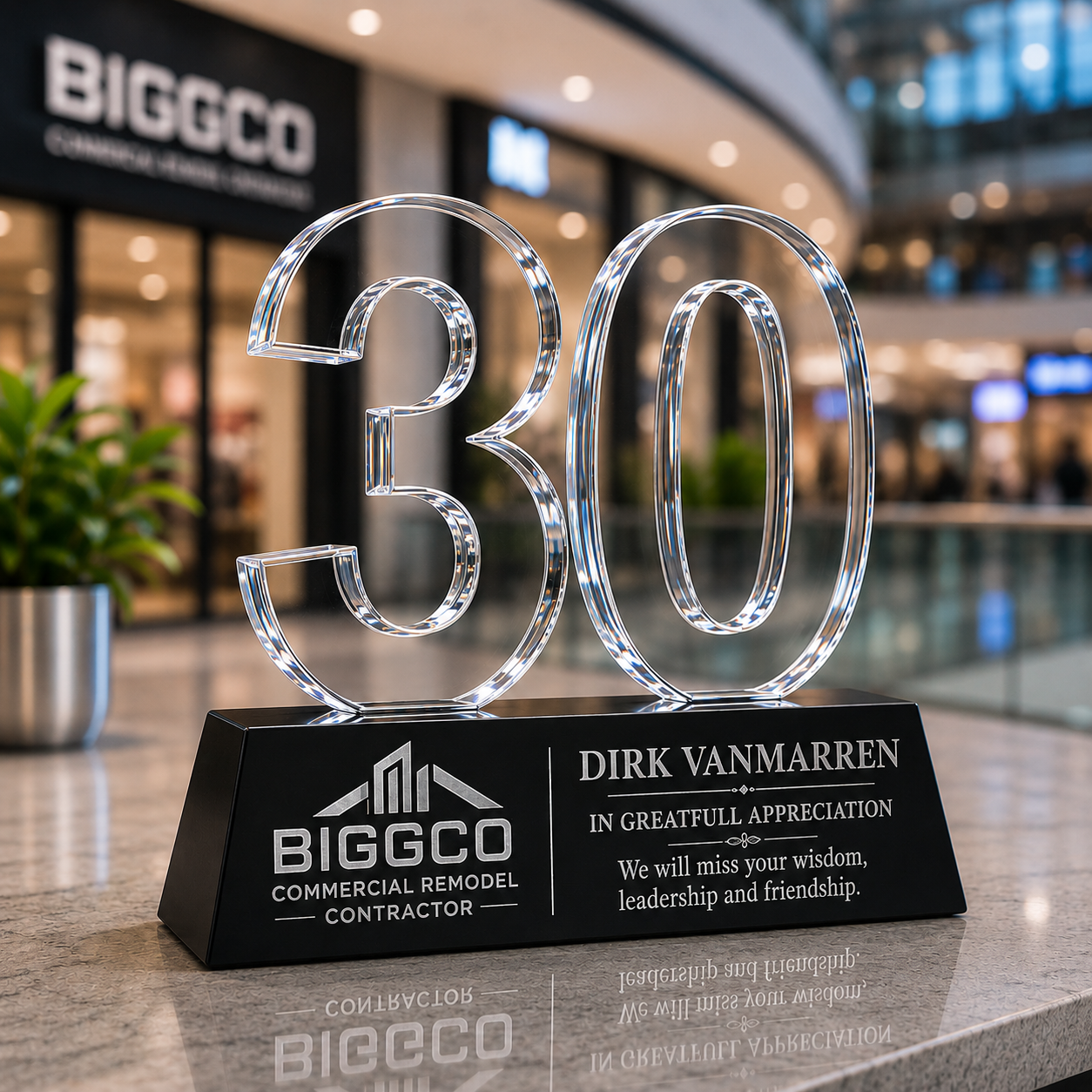 Acrylic number '30' award on a black base with 'BIGGCO' branding in an indoor setting.