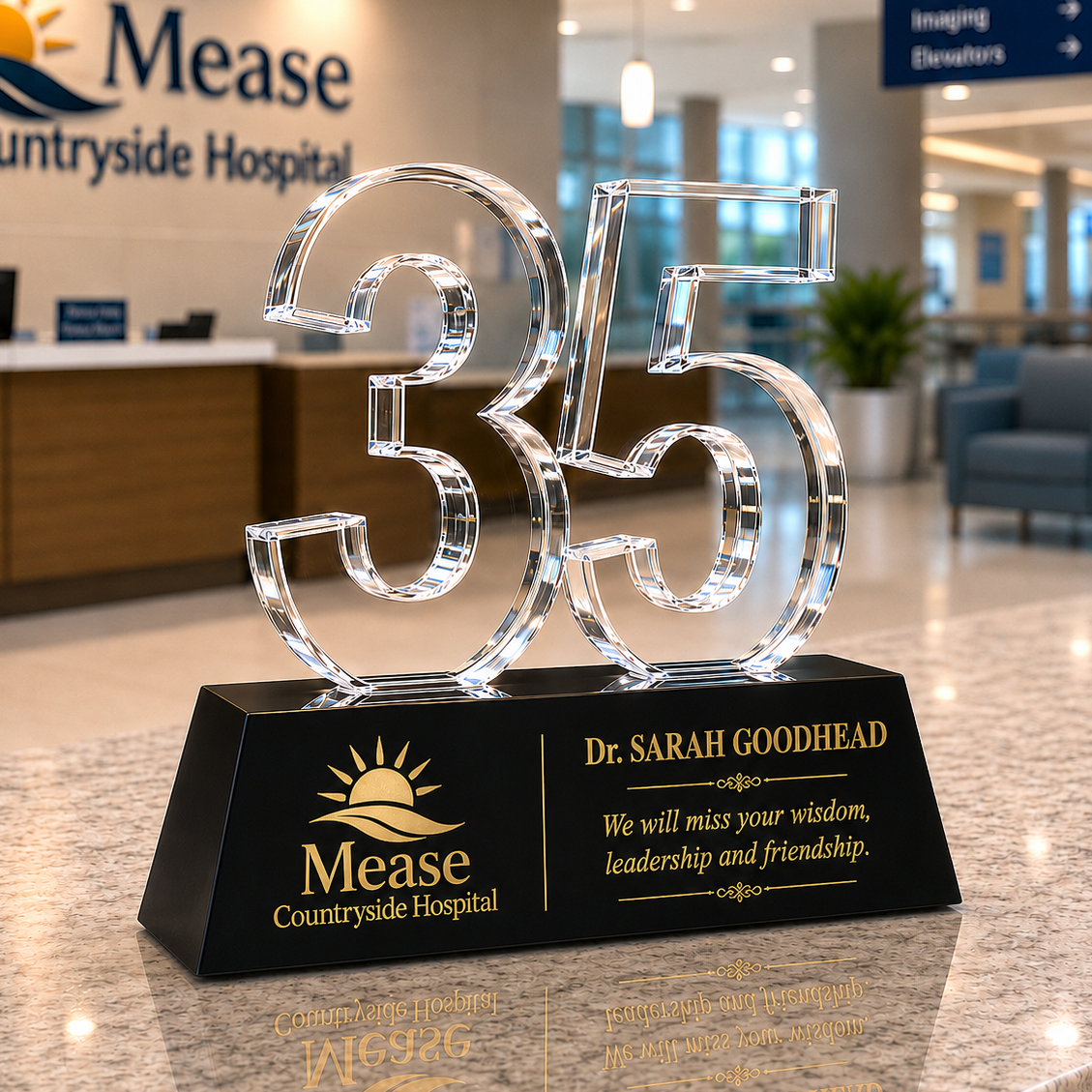 Crystal number 35 award on a black base with Mease Countryside Hospital branding in a hospital lobby.