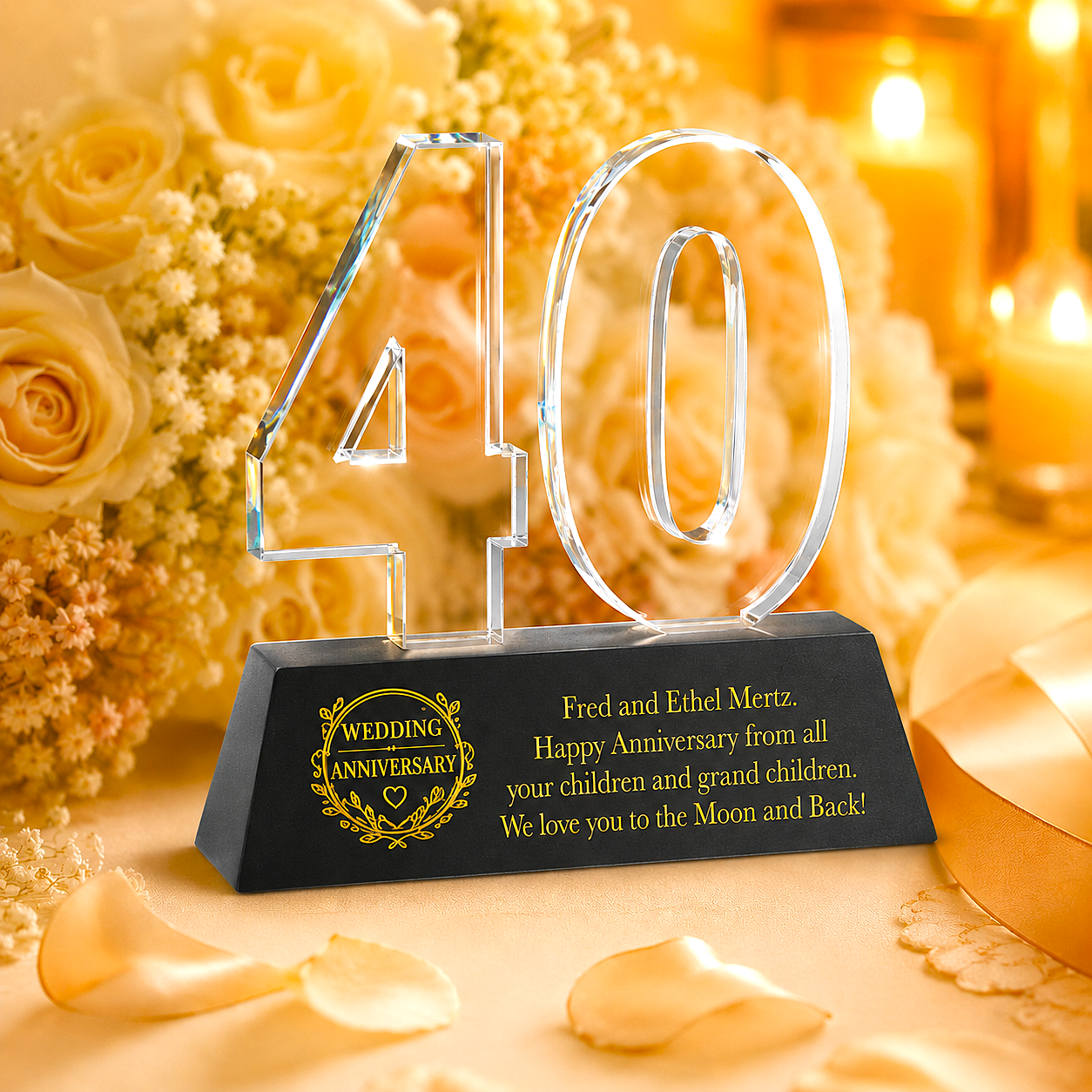 Decorative item with '40' on a black base in front of yellow flowers