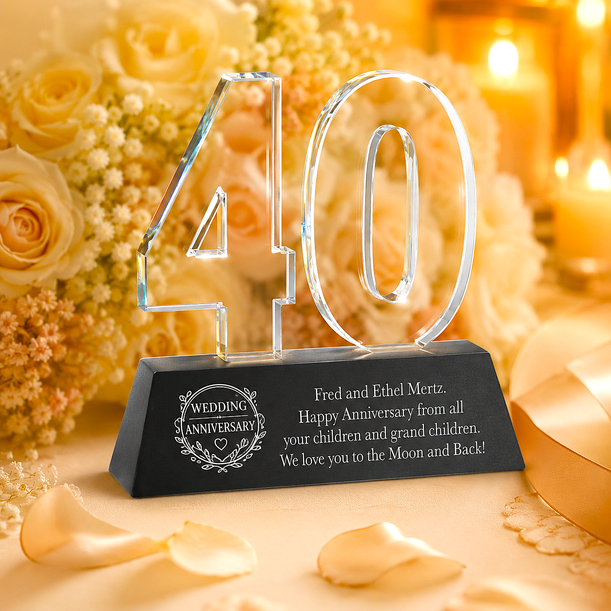 Decorative item with '40' on a black base in front of flowers and candles