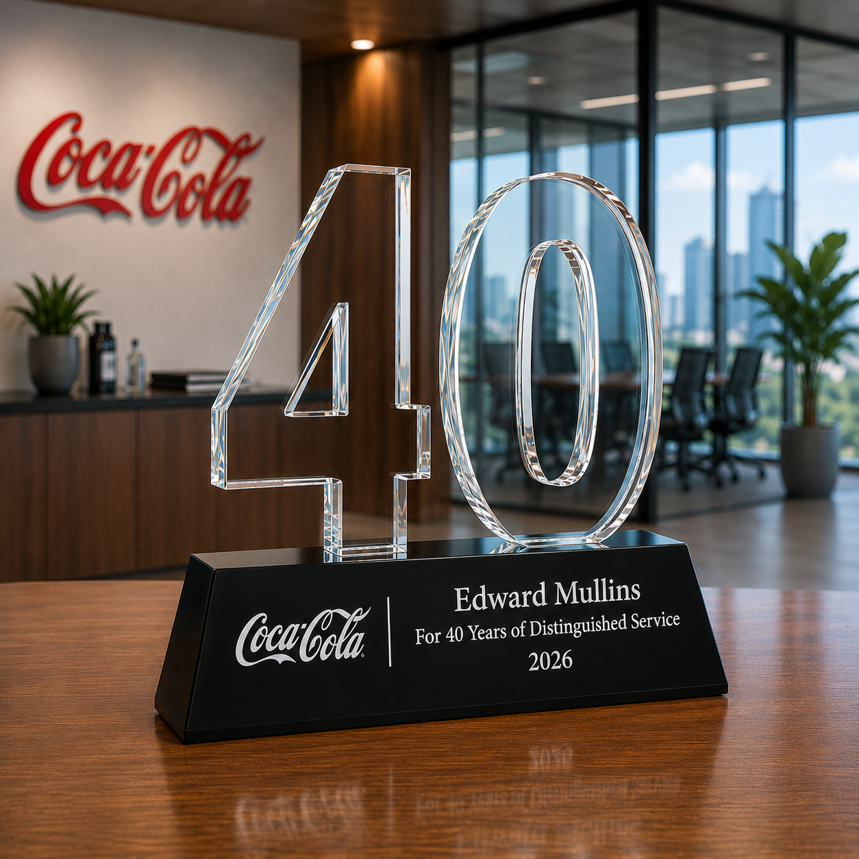 Crystal number '40' award with Coca-Cola branding on a desk in an office setting.