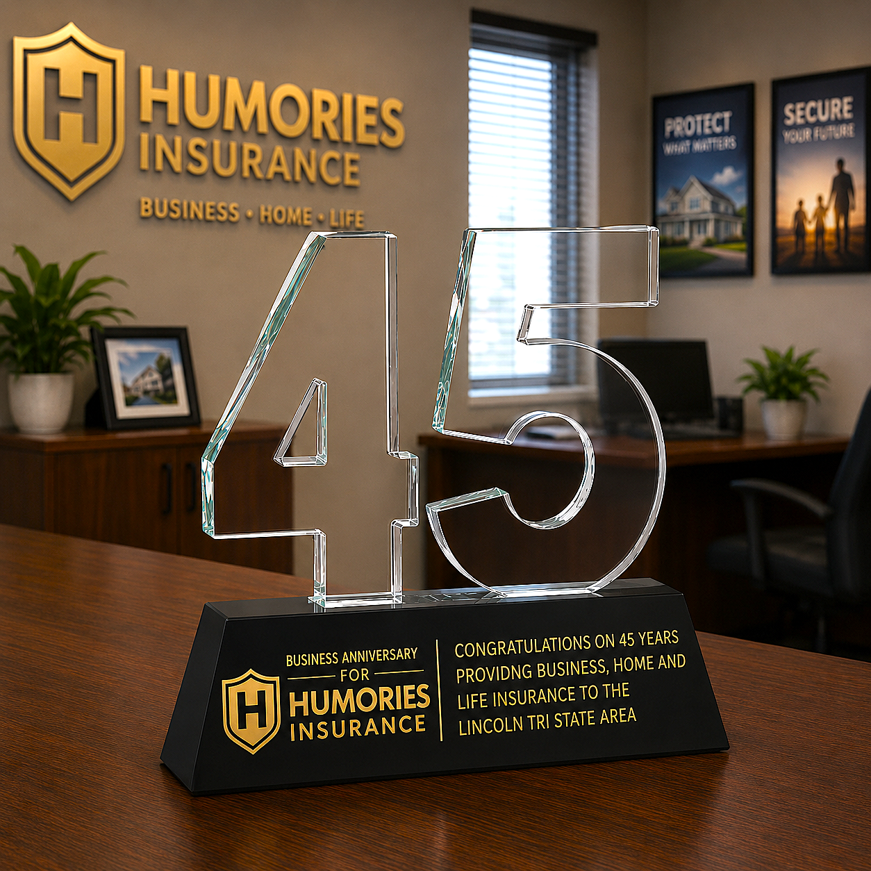 Glass anniversary trophy for Humories Insurance on a desk in an office setting.