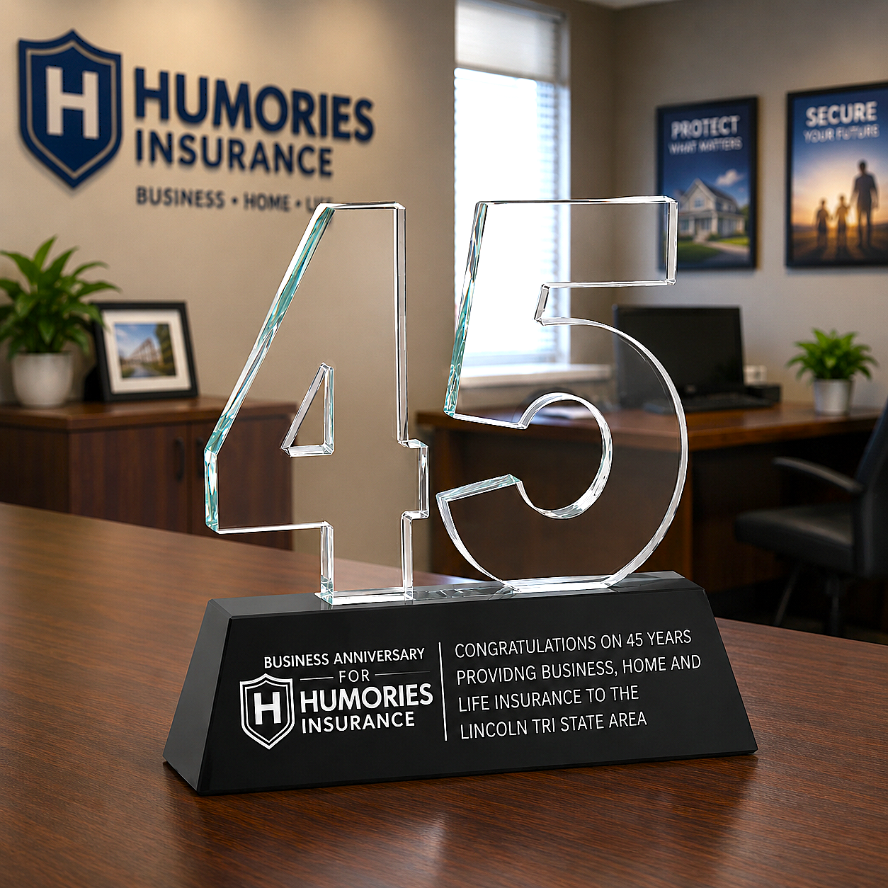 Glass number '45' award on a black base with Humories Insurance branding in an office setting.