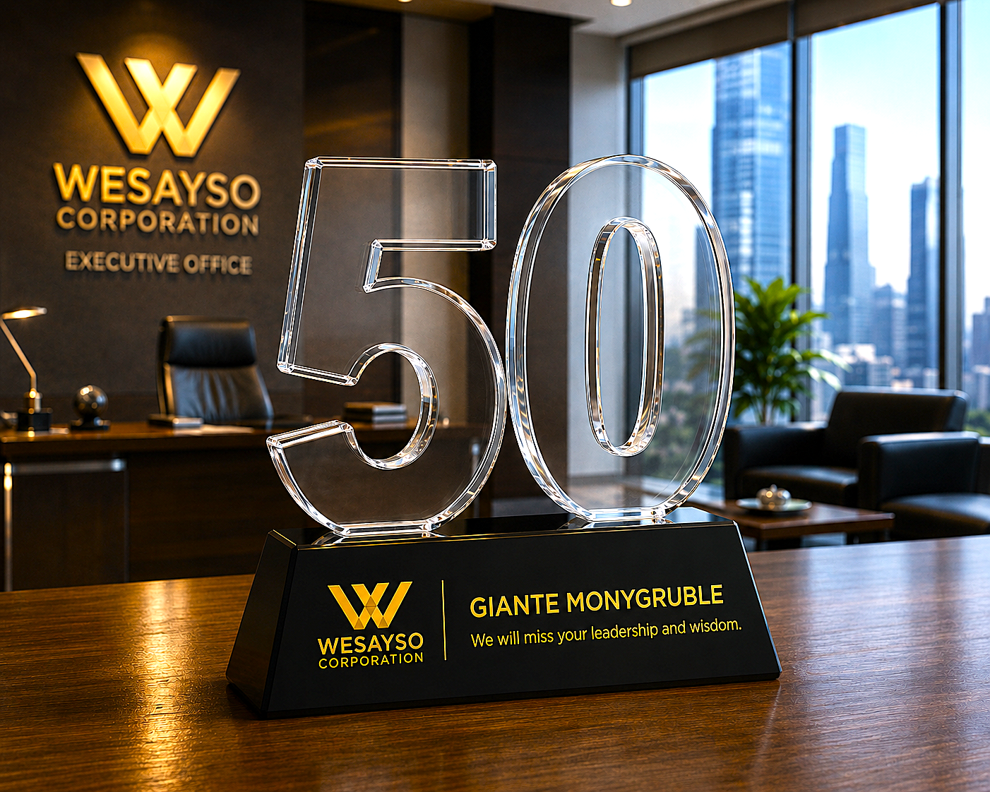 Clear number '50' trophy on a black base with WESAYSO branding in an office setting.