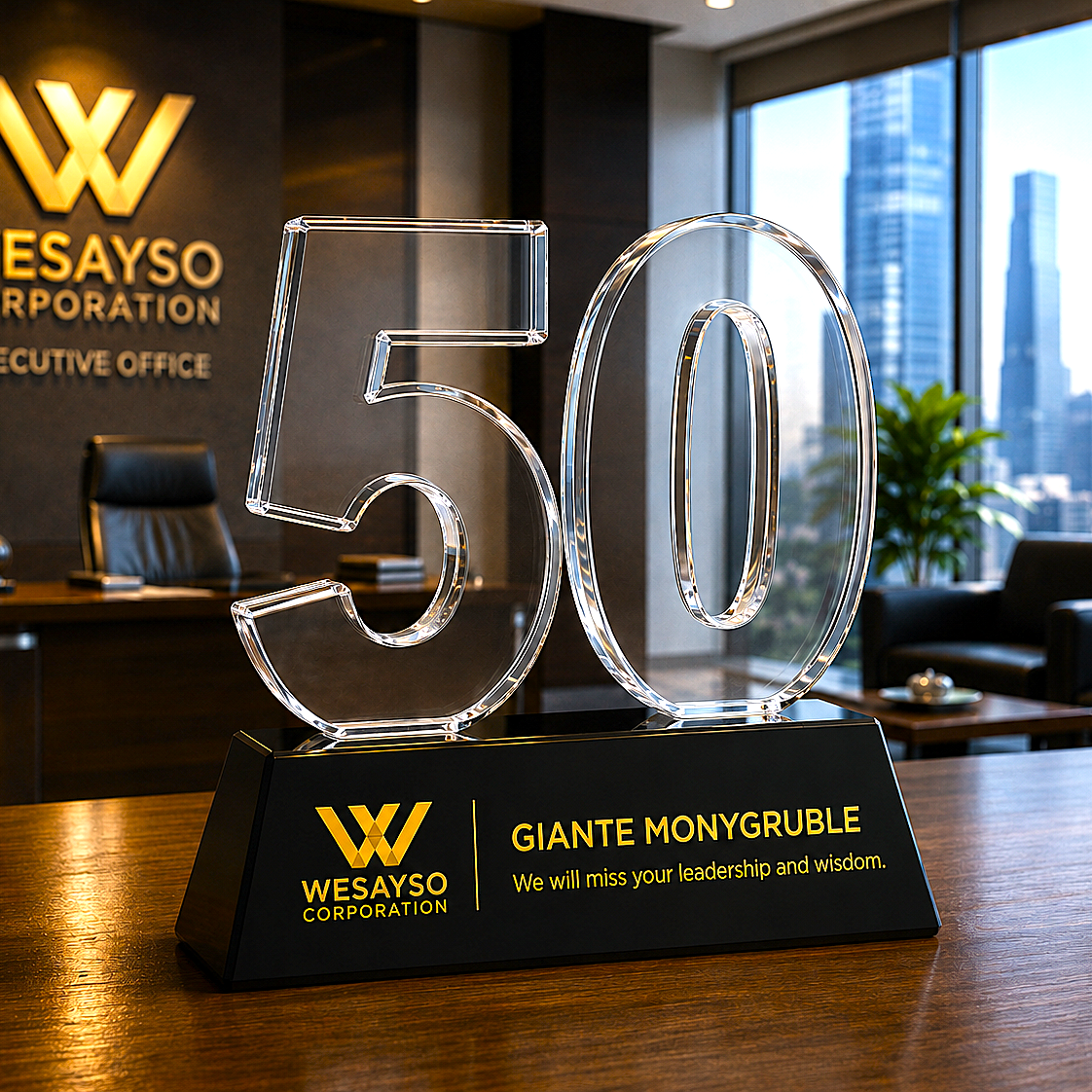 Clear number '50' trophy on a black base with WESAYSO branding in an office setting.