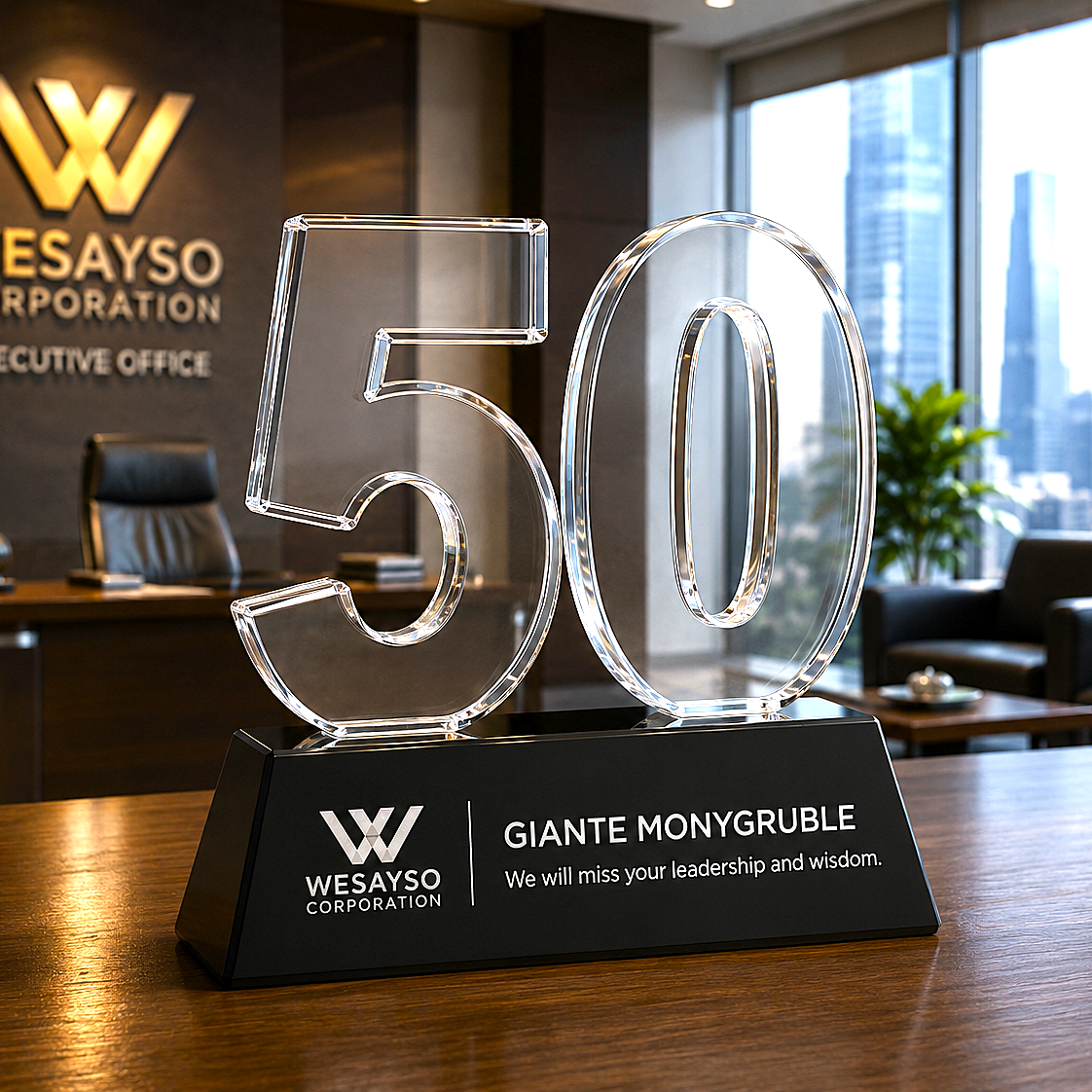 Clear glass number '50' award on a black base with WESAYSO branding in an office setting.