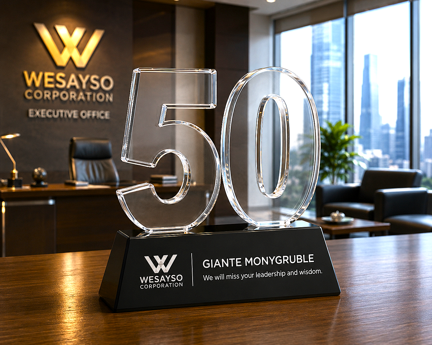 Clear glass number '50' award on a black base with WESAYSO branding in an office setting.