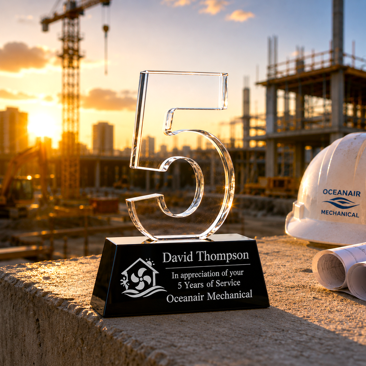Crystal number 5 award on a stand with a construction site background