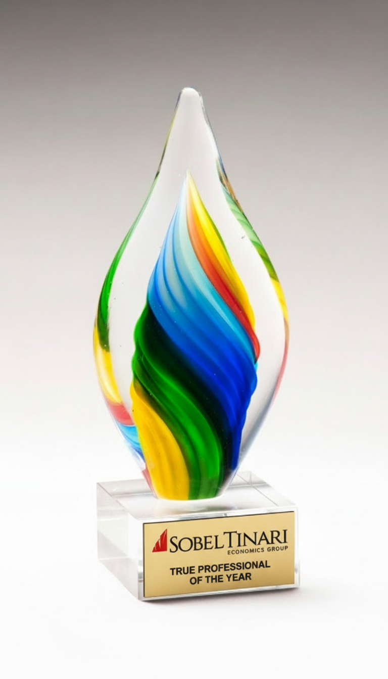 Colorful glass award with corporate logo on a white background
