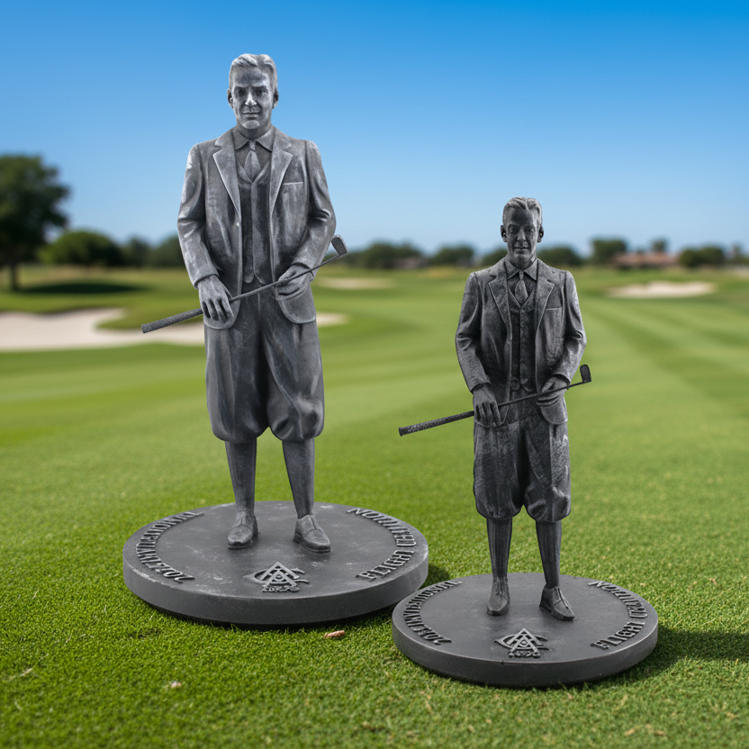 Sculpture of Bobby Jones on circular bases with logos. Atlanta custom awards Specialty Engraving