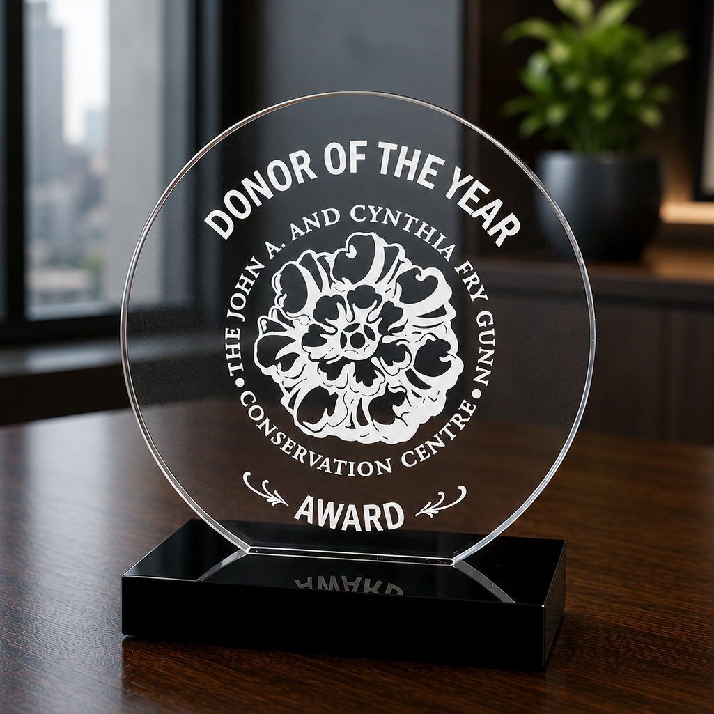 Round clear acrylic award with black base and custom laser engraving for employee and donor recognition.