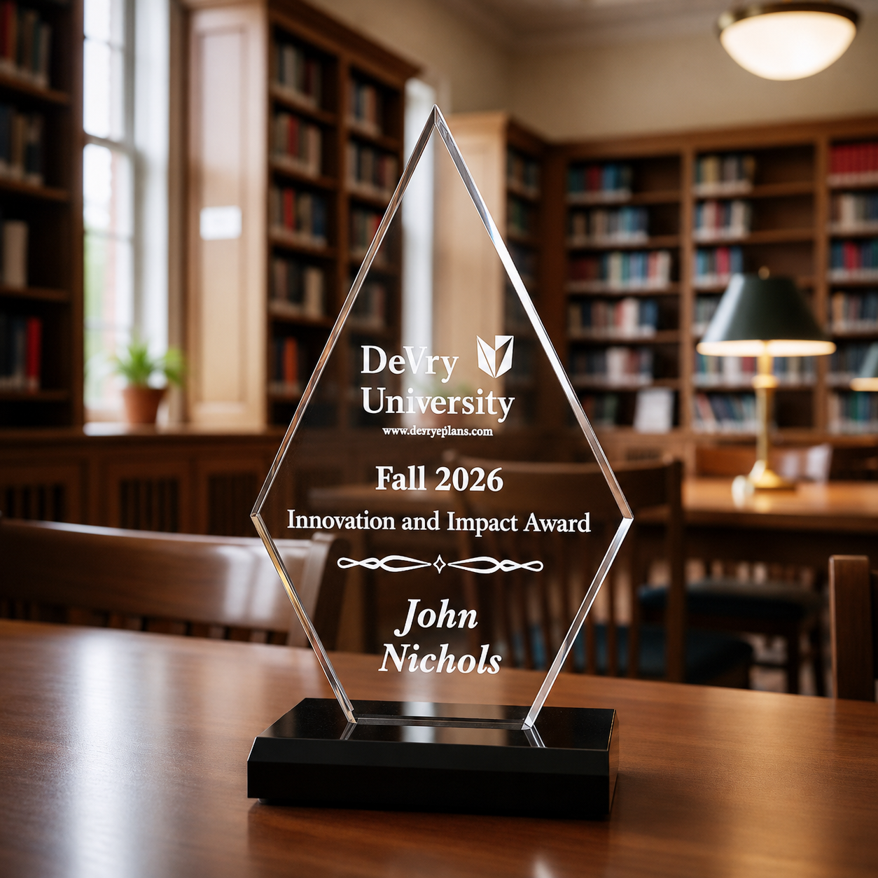 Engraved Acrylic award on a table in a library setting