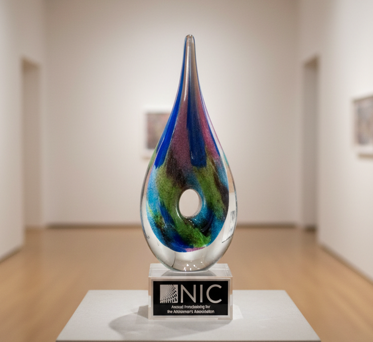 Colorful glass sculpture on a pedestal with NIC logo in an art gallery setting