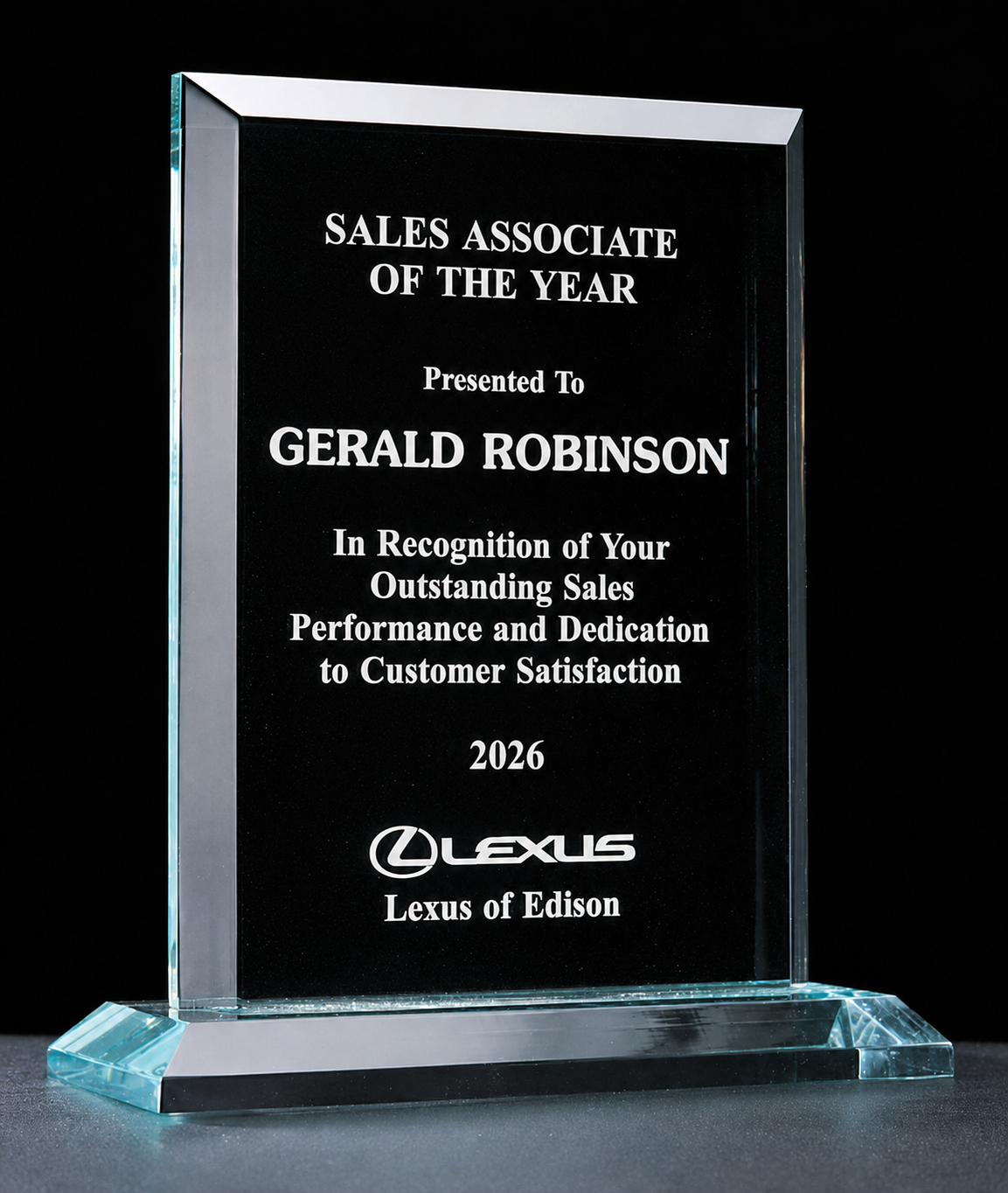 Acrylic award for 'Sales Associate of the Year' presented employees