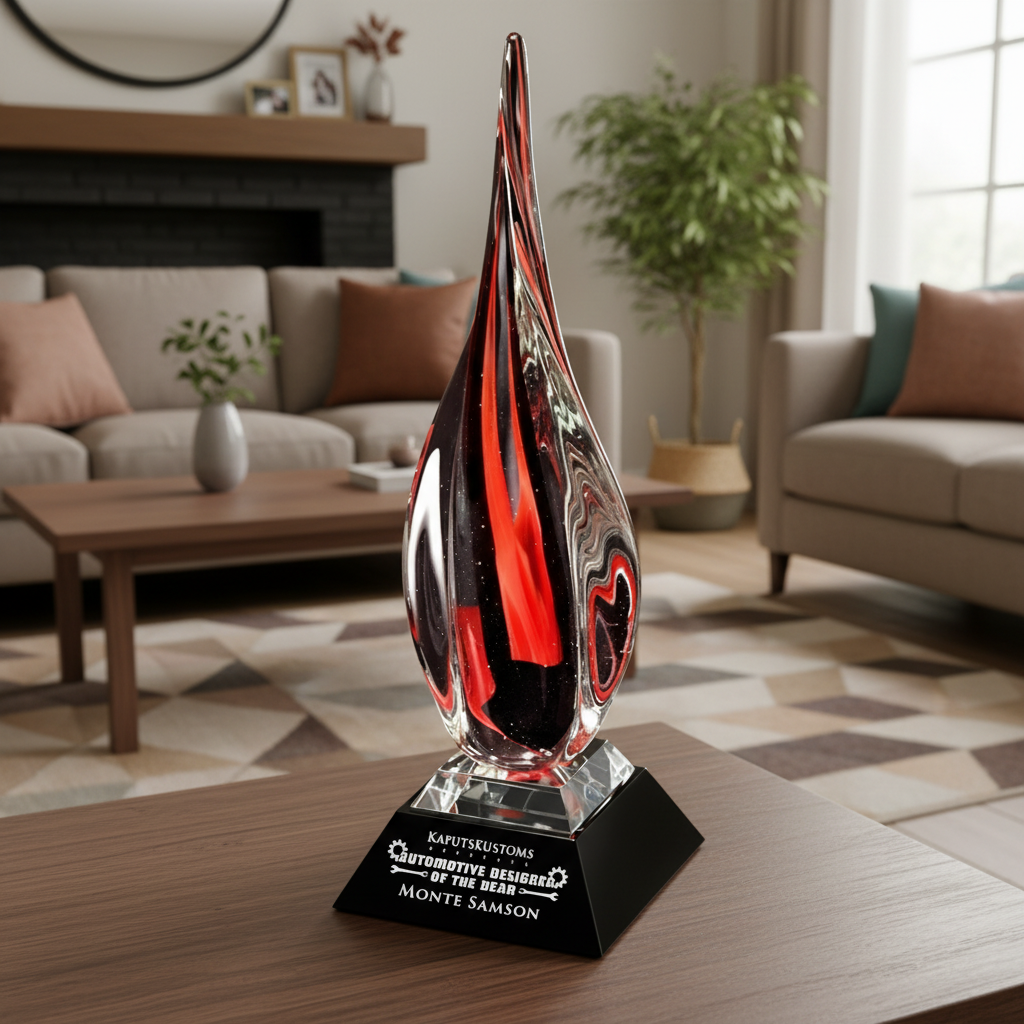 Decorative hand-blown art glass sculpture trophy on a table in a living room setting. Suwanee, Atlanta, John's creek, Roswell