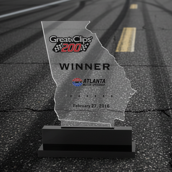 Awards trophy with 'Great Clips 200' and 'Atlanta Motor Speedway' text on a white background