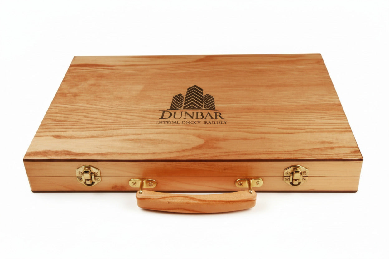 Backgammon case with corporate logo engraved on the top.
