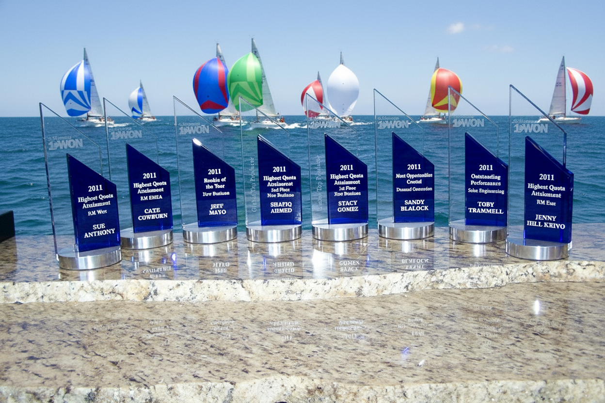 Row of glass awards with colorful sails in the background on a stone surface by the ocean.