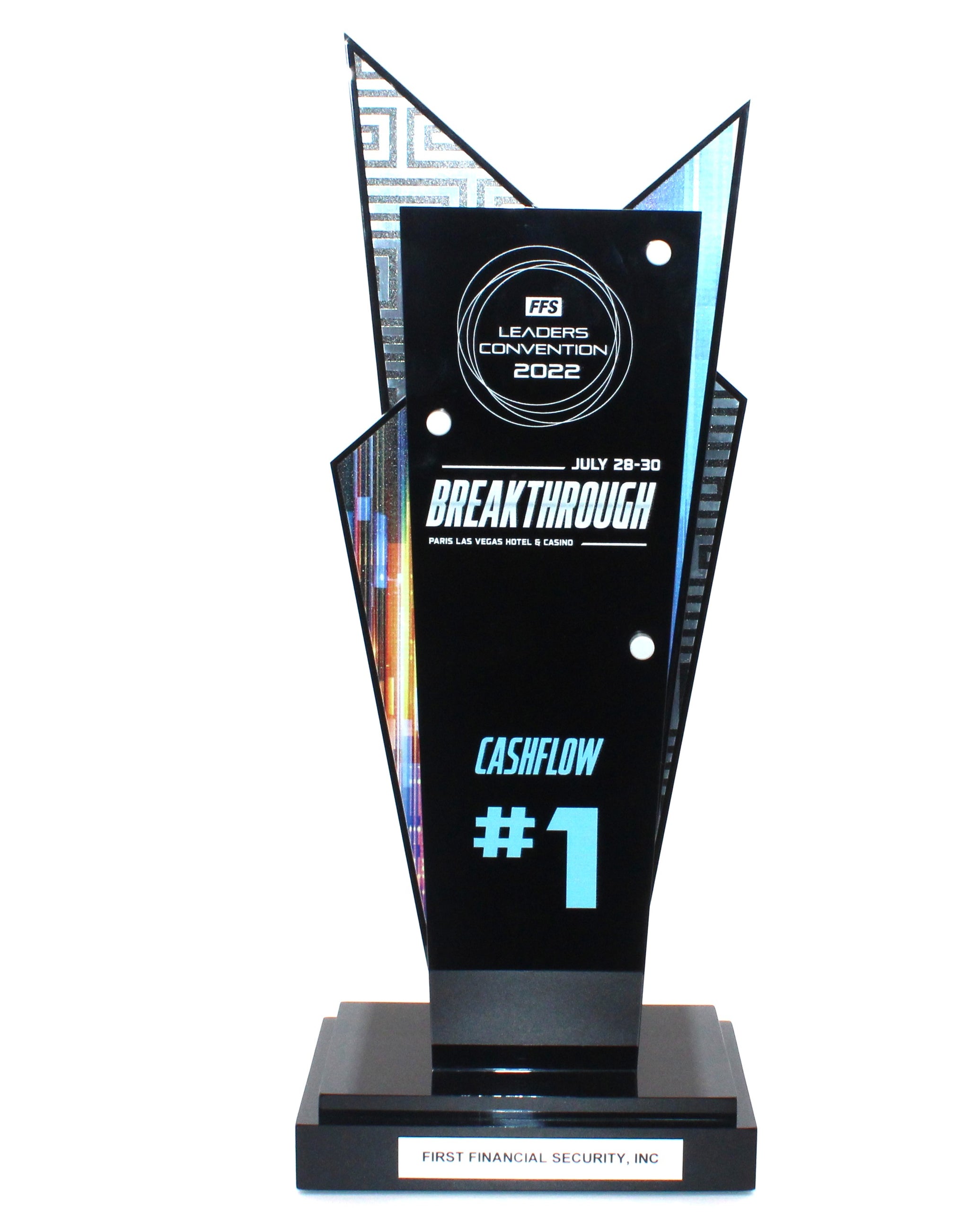 Black acrylic deal toy trophy with a custom text and logo, featuring a modern design with multiple layers.