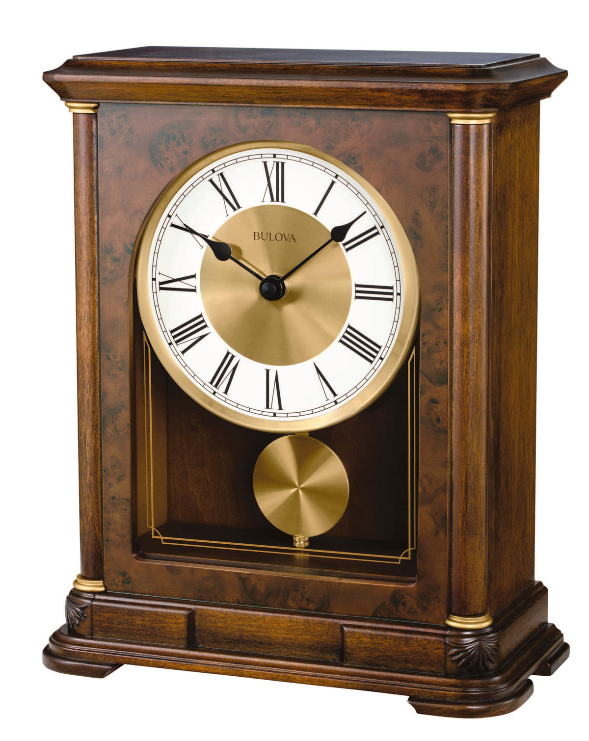 Wooden clock with gold face and pendulum on a white background