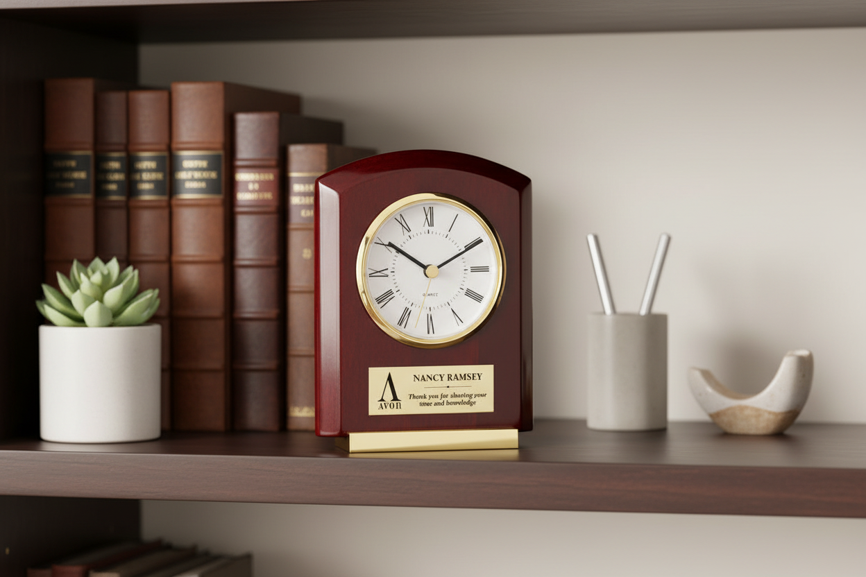 Decorative clock on a shelf with books and plants