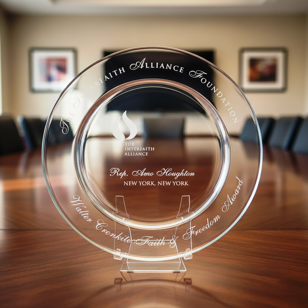 Clear glass award with sand etched text and corporate logo