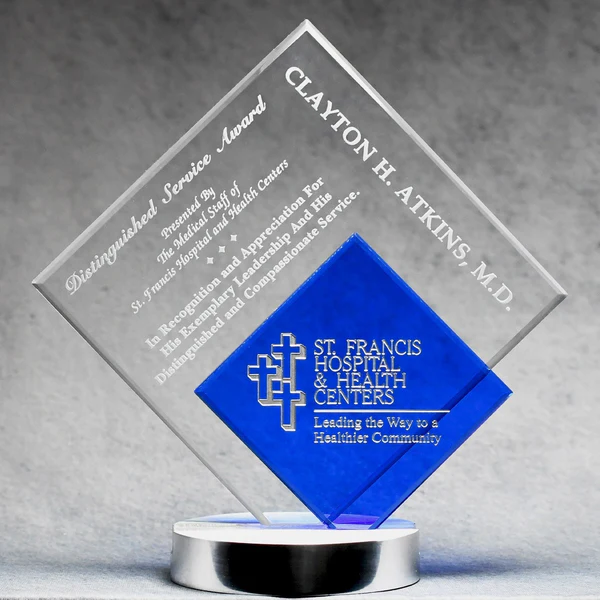 Clear and blue double diamond Crystal Glass award with blue accent with sand etch engraving ad white and silver color fill