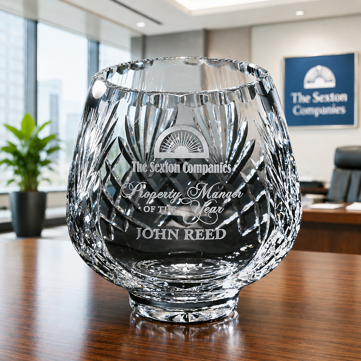 Crystal award on a desk with corporate branding